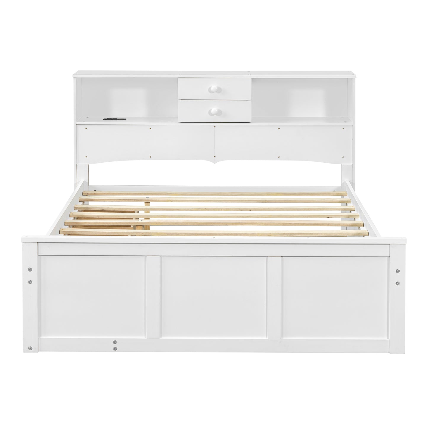 Full Size Wood Pltaform Bed with win Size Trundle, 3 Drawers, Upper Shelves and a set of USB Ports & Sockets, White