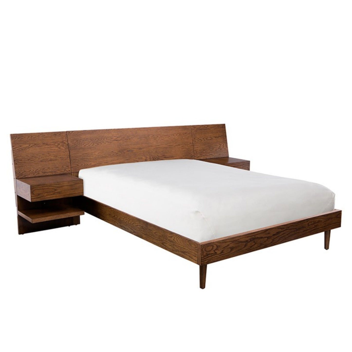 Queen Size Bed With Attached Nightstands And Hidden Storage - Pecan