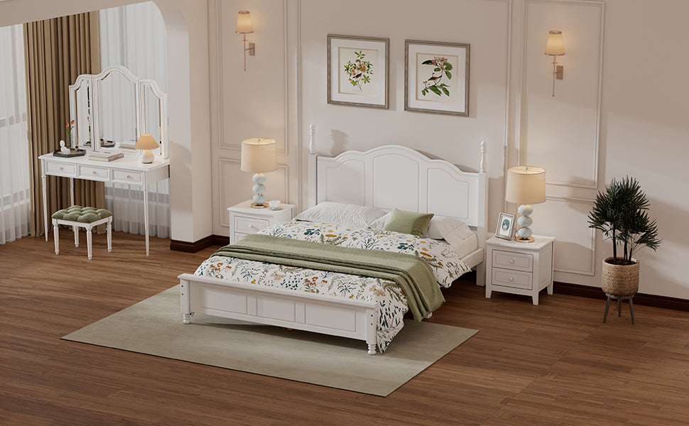 3-Pieces Bedroom Sets,Queen Size Wood Platform Bed  and Two Nightstands-White