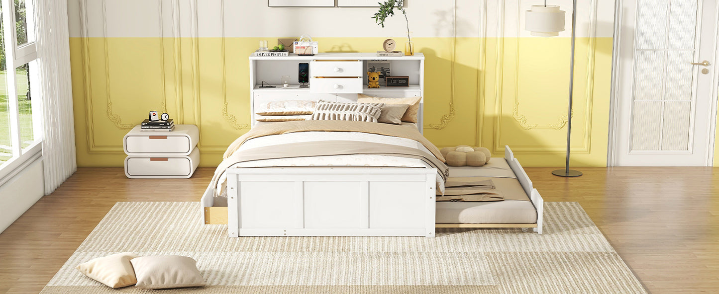 Full Size Wood Pltaform Bed with win Size Trundle, 3 Drawers, Upper Shelves and a set of USB Ports & Sockets, White