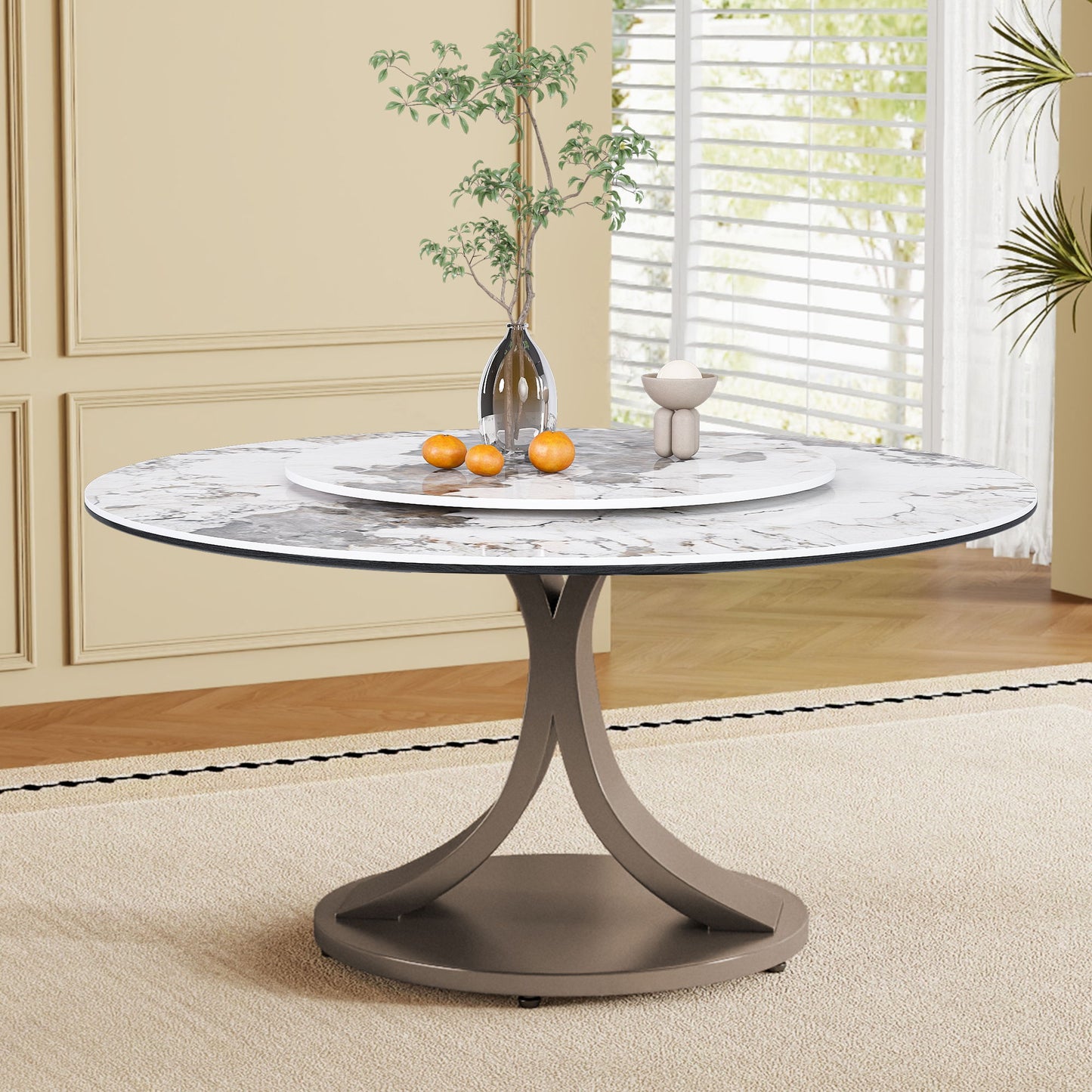 Round Dining Table With 360° Rotating Lazy Susan Scratch & Heat - Dark Purple / White
