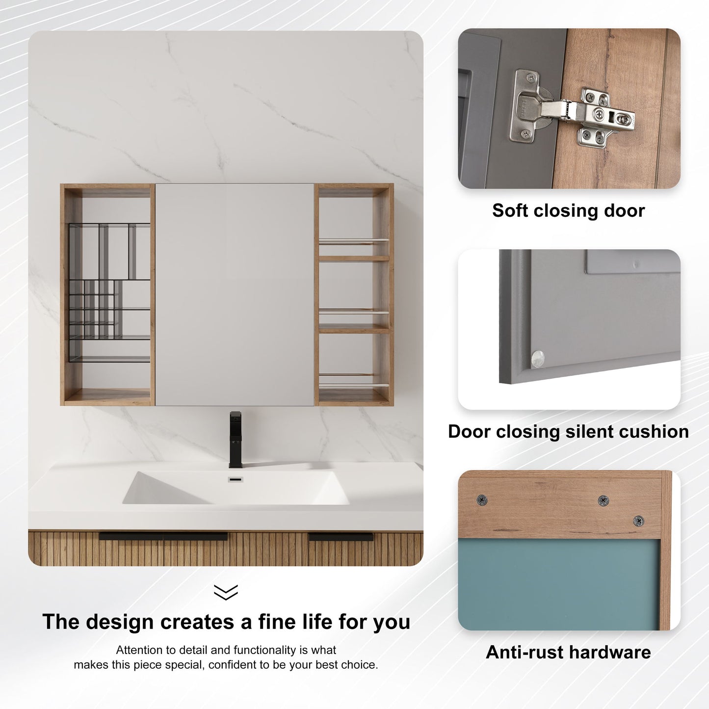 Wall Mounted Bathroom Mirror Cabinet With Adjustable Shelves Storage Cabinet - Imitative Oak