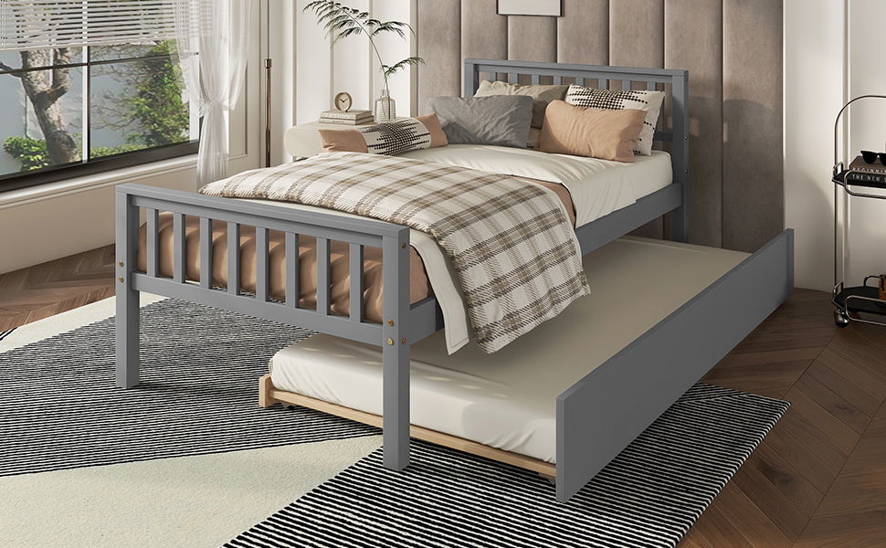 Twin Bed With Trundle, Platform Bed Frame With Headboard And Footboard, For Bedroom Small Living Space, No Box Spring Needed