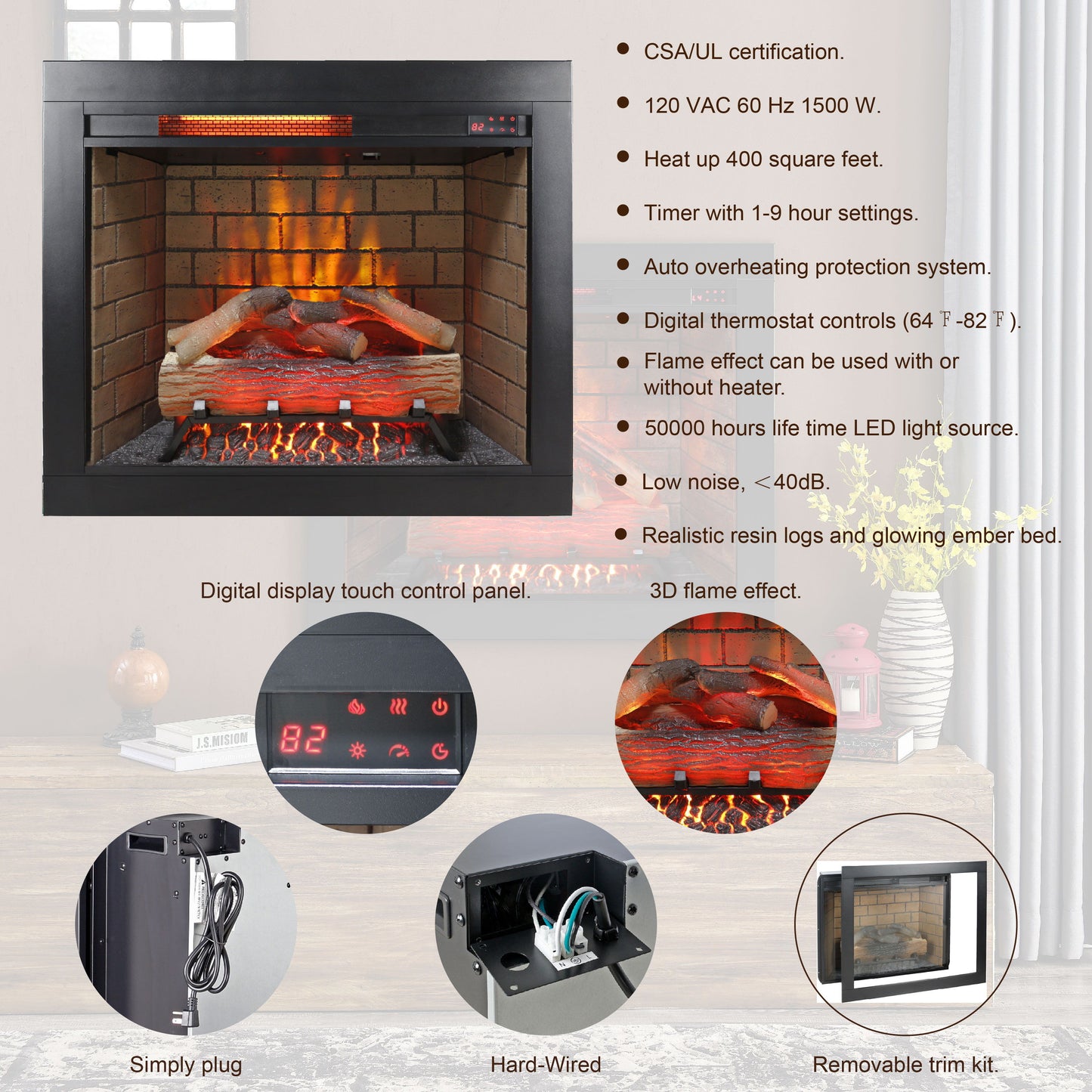 Infrared Electric Fireplace Insert, Touch Panel Home Decor Heater, Smokeless Firebox With Trim Kit