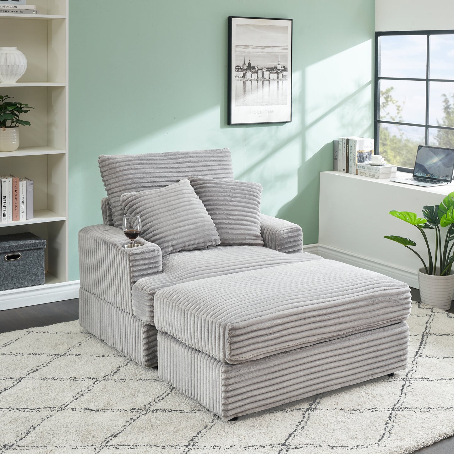 39-inch Spring upholstered armchair and Ottoman set - comfortable single sofa with cup holder and corduroy fabric, perfect for living room or bedroom