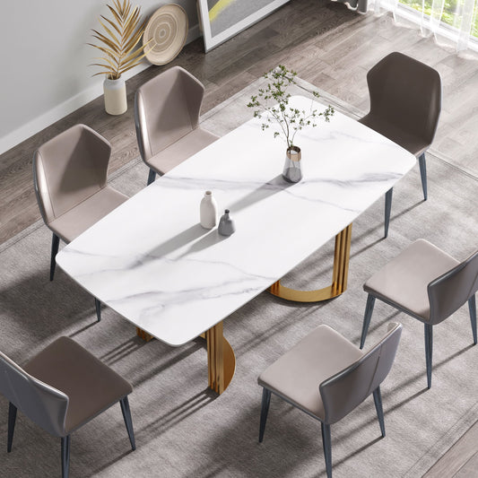 70.87" Modern Artificial Stone White Curved Golden Metal Leg Dining Table, Can Accommodate 6-8 People - White / Gold