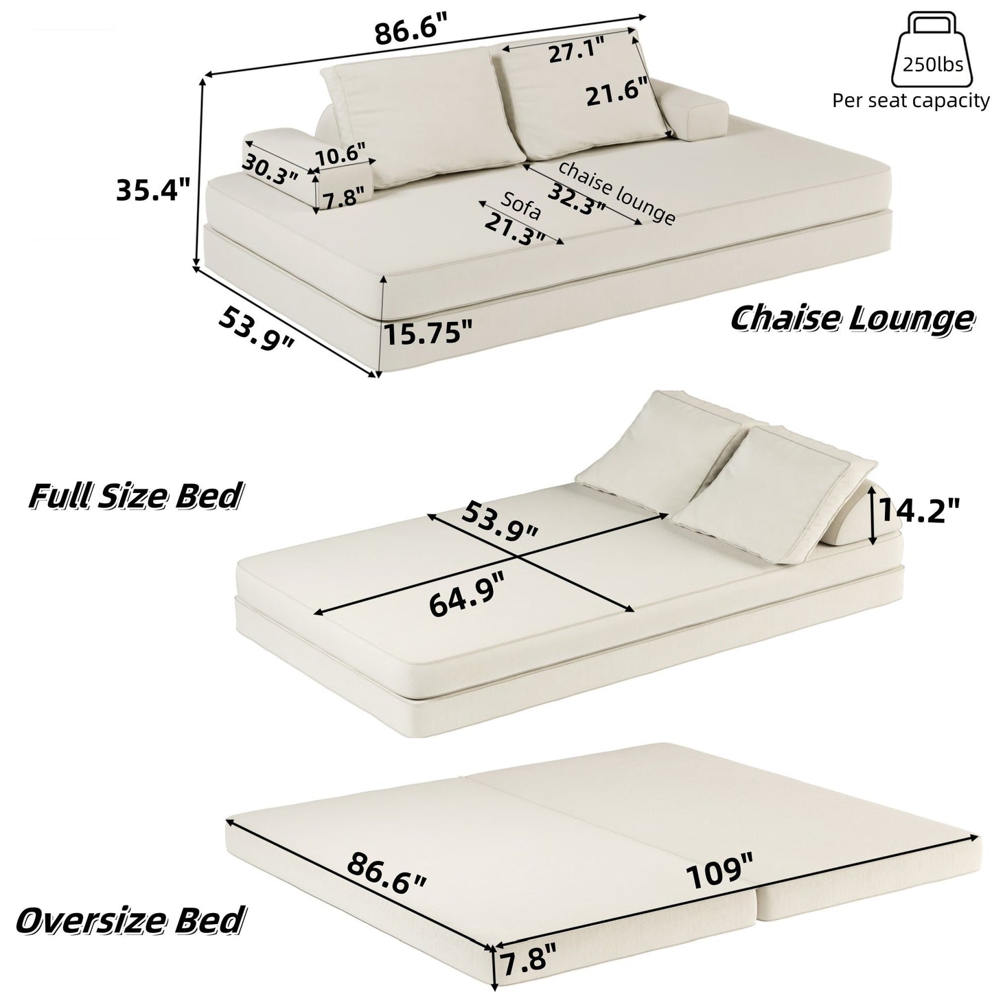 Multifunctional Convertible Sofa Bed With 2 Tumbler Backrests And 2 Pillows, Deep Seat Couch