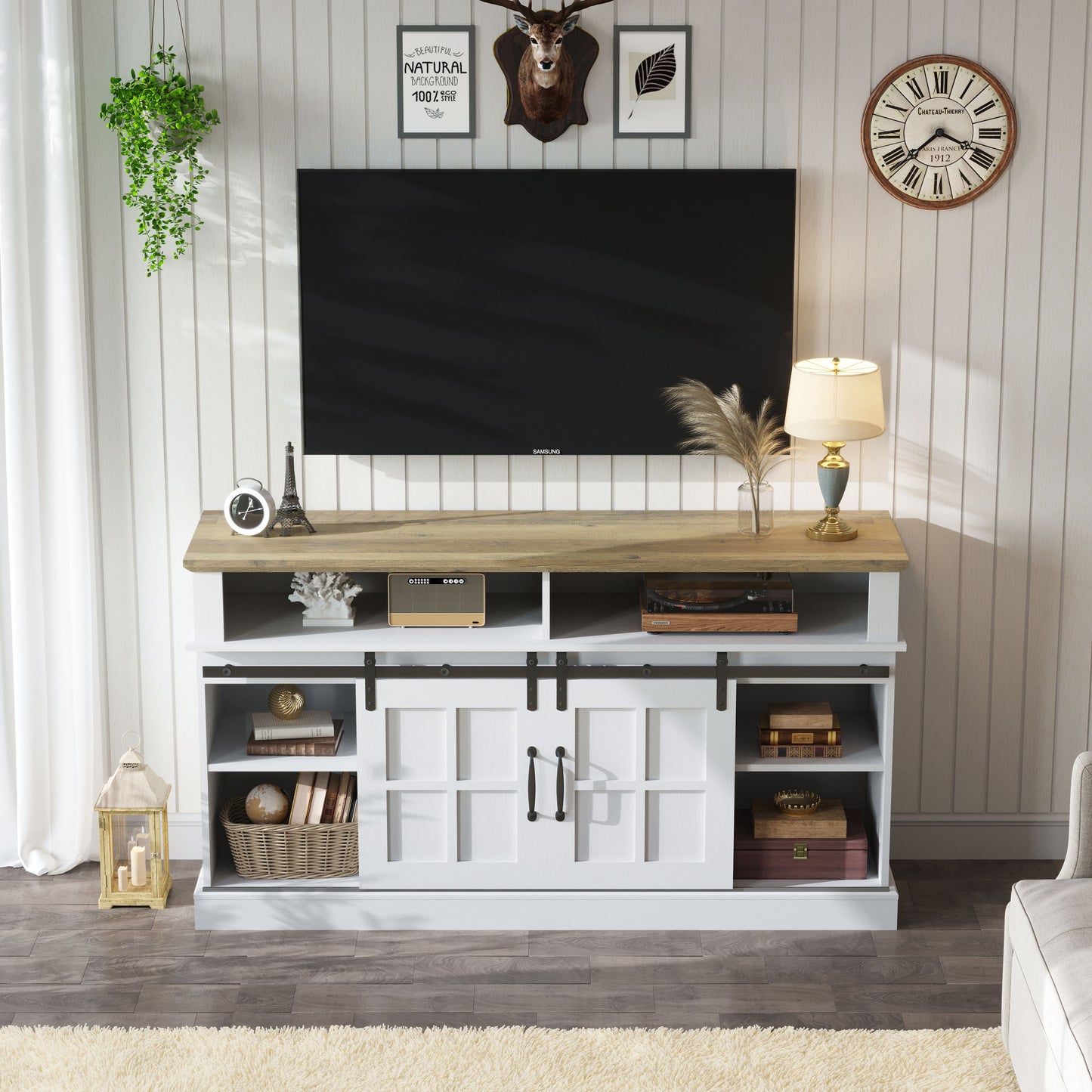 58" TV Stand With Storage Cabinet And Shelves, TV Console Table Entertainment Center For Living Room, Bedroom - White