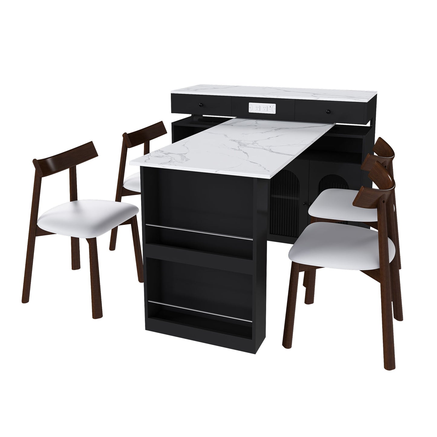 Retro Kitchen Island Set With Chairs, Extendable & Rotating Table, 4 Drawers & Door Cabinets