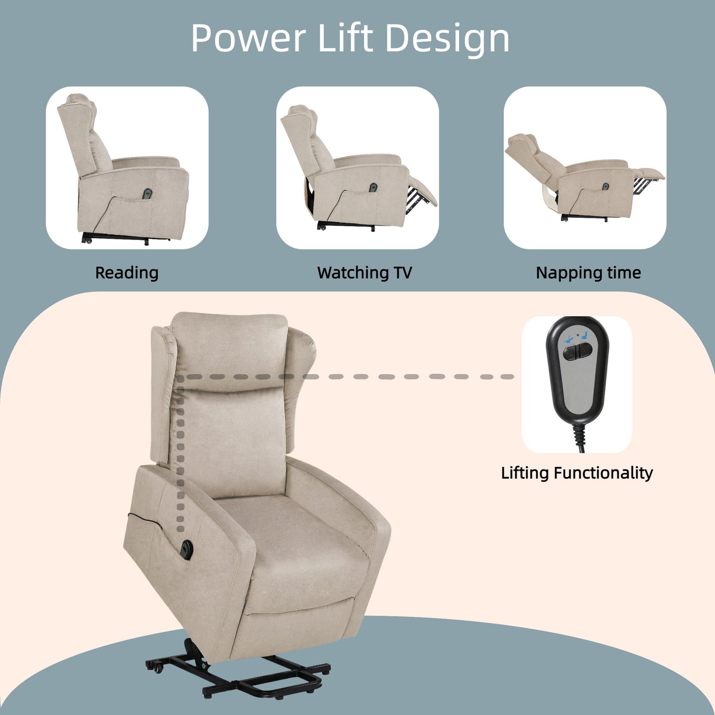 Power Lift Recliner Chair, Adjustable Modern Lift Chair, Lift Recliner Sofa For Back, Lumbar, Legs Support, Classic Power Recliner Chair With Remote Control, Side Pocket - Light Gray