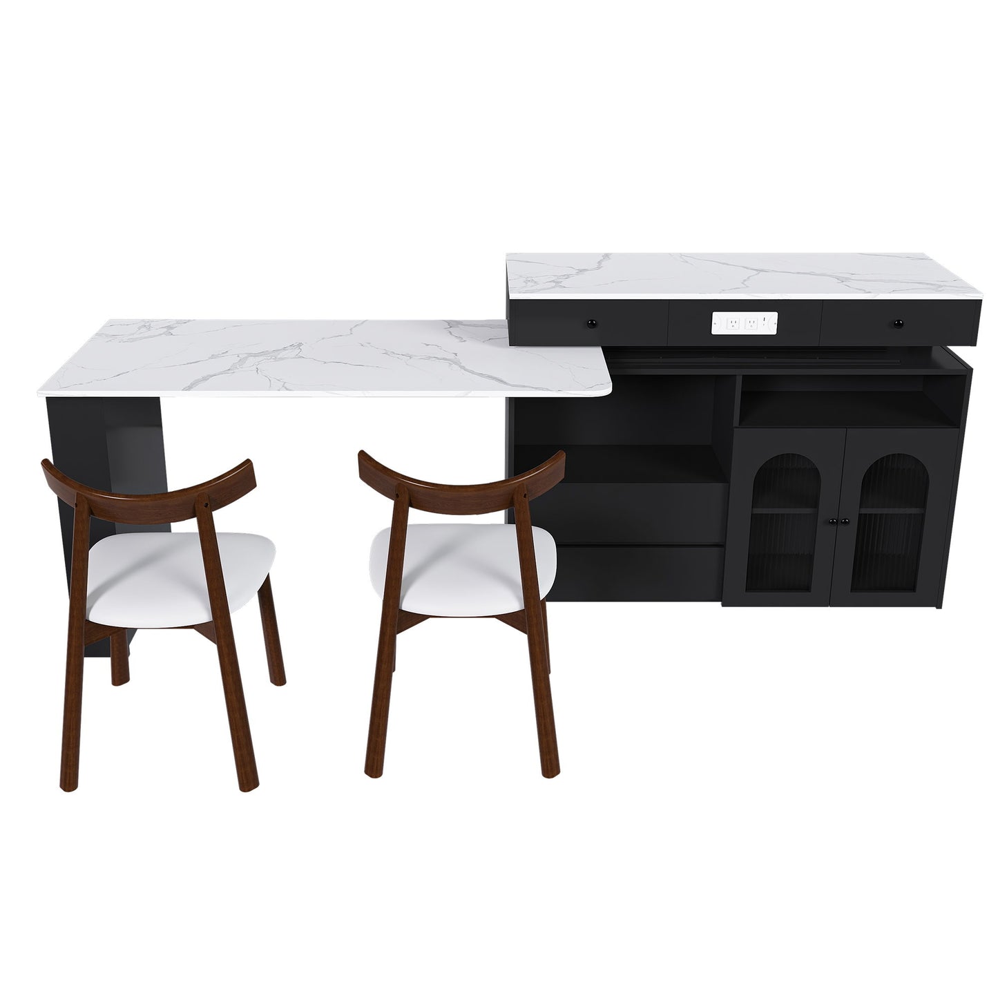 Retro Kitchen Island Set With Chairs, Extendable & Rotating Table, 4 Drawers & Door Cabinets