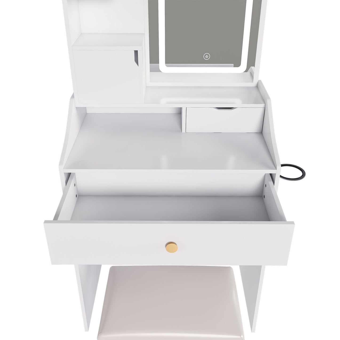 3 Color LED Vanity Mirror With Stool, 2 Drawers & 5 Storage Cabinets, Adjustable Lighting - White
