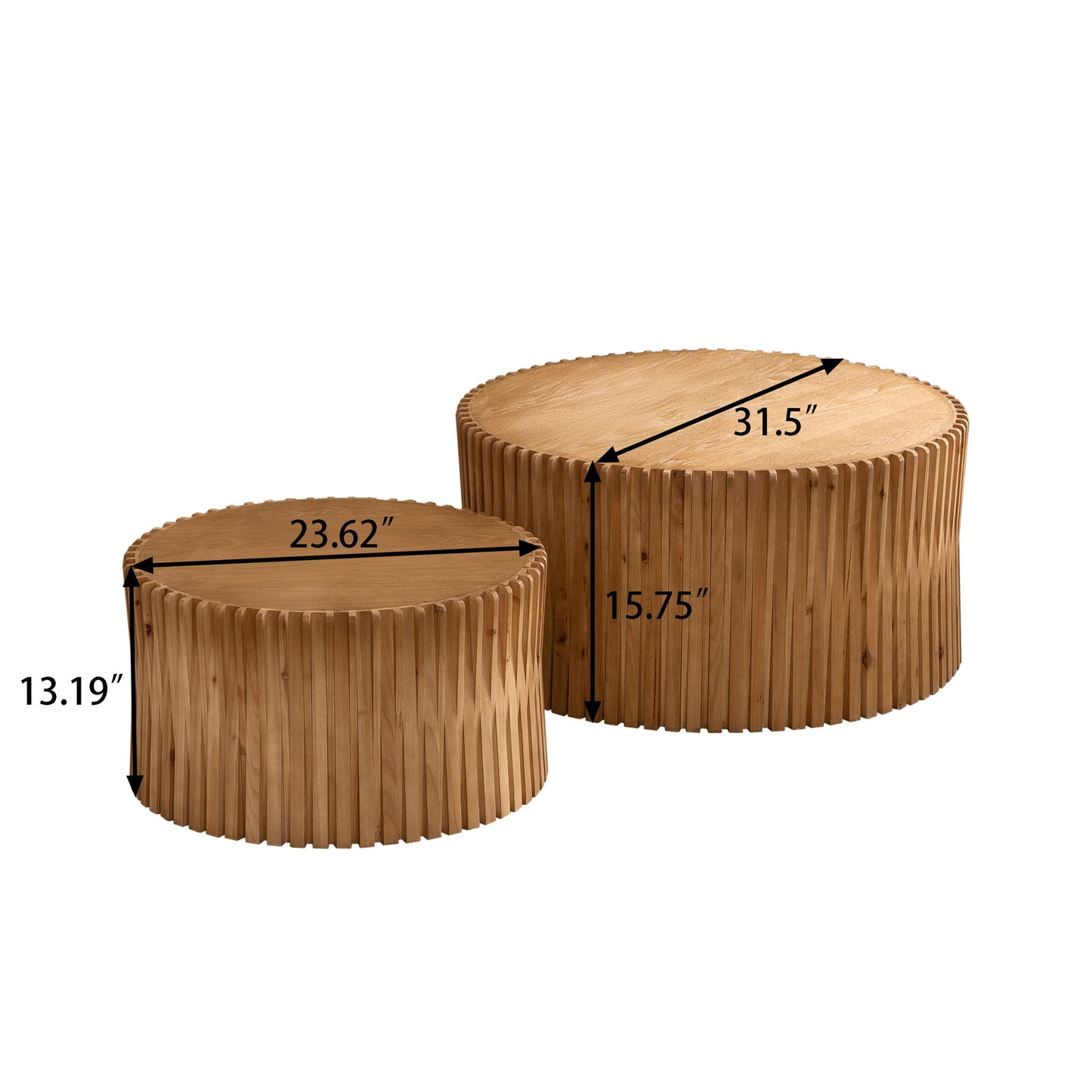 Vintage Fashion Style Cylindrical Nesting Coffee Table Set With Vertical Textured Embossed Design - Natural