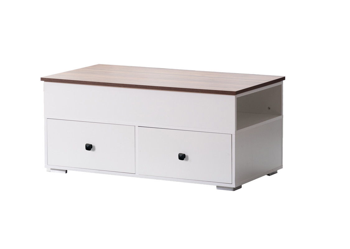 Luna - Coffee Table With Walnut Finish Lift Top, 2 Drawers, And 2 Shelves - White And Brown