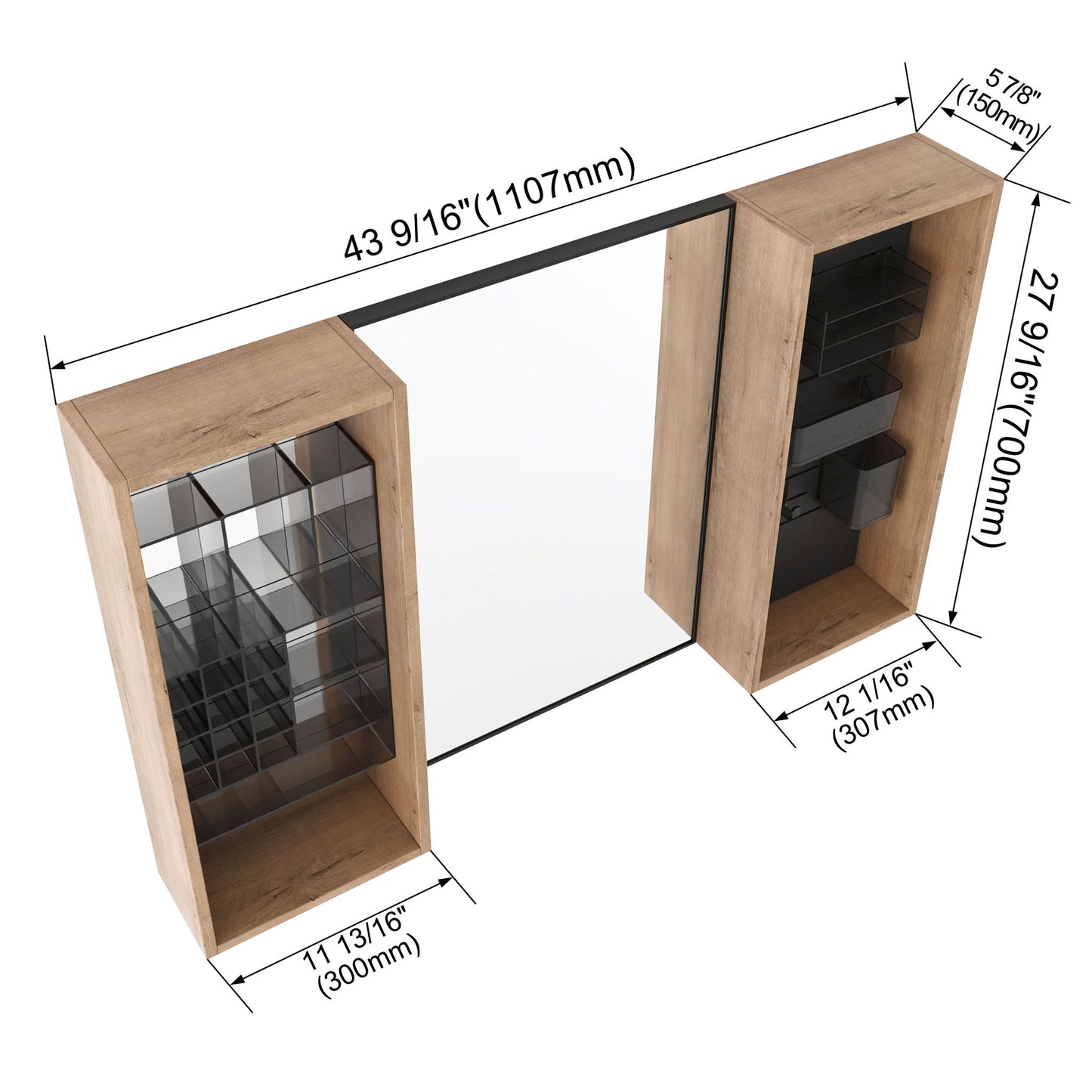 43.5" Mirror Cabinet With Storage, Wall Mounted Medicine Cabinet Frame With Shelves - Imitative Oak