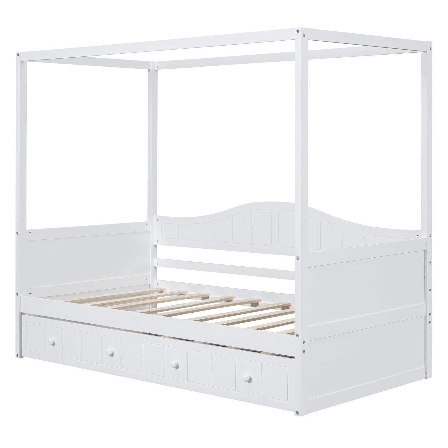 Twin Size Canopy Day Bed with twin size Trundle, White