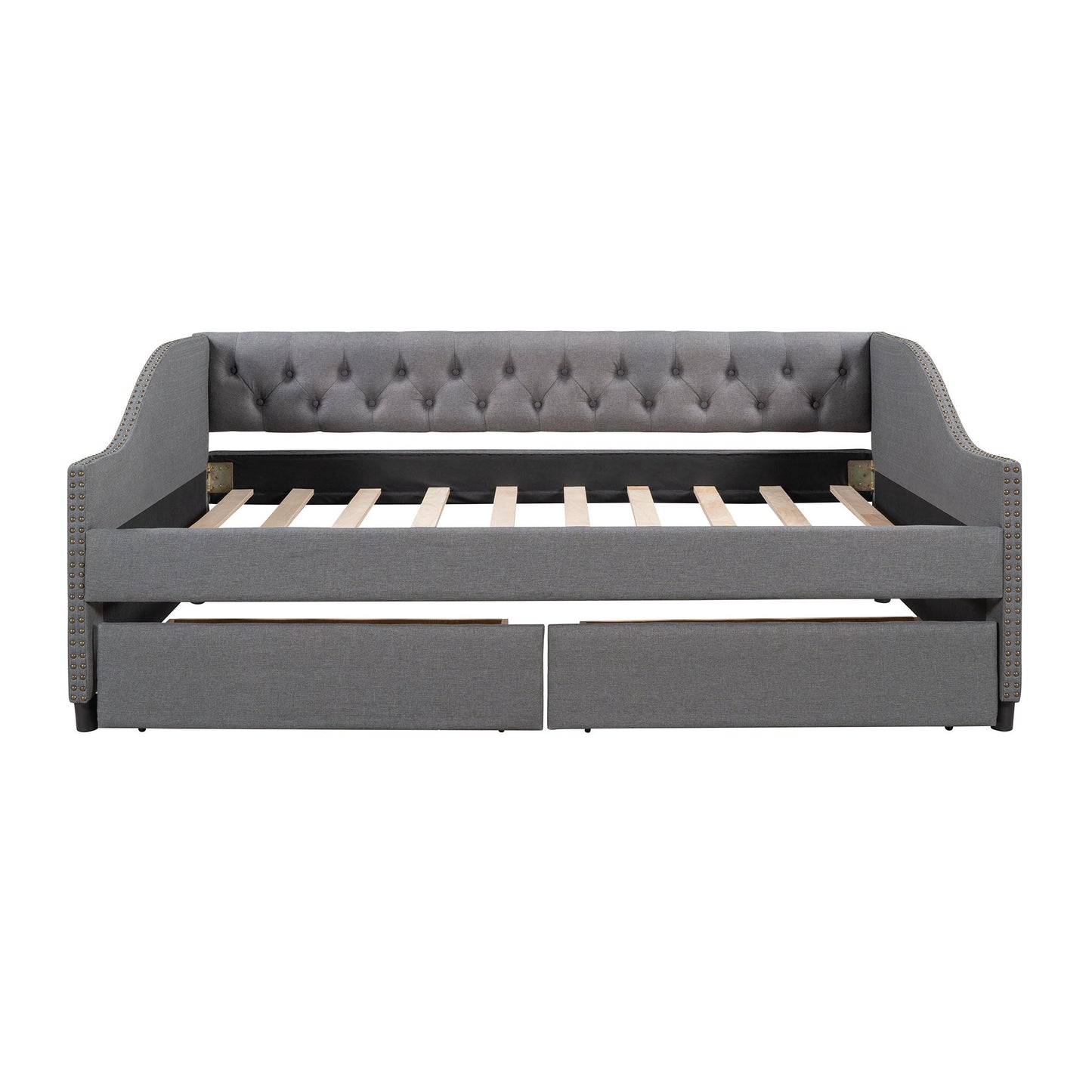 Full Size Upholstered Daybed With Two Drawers, Wood Slat Support