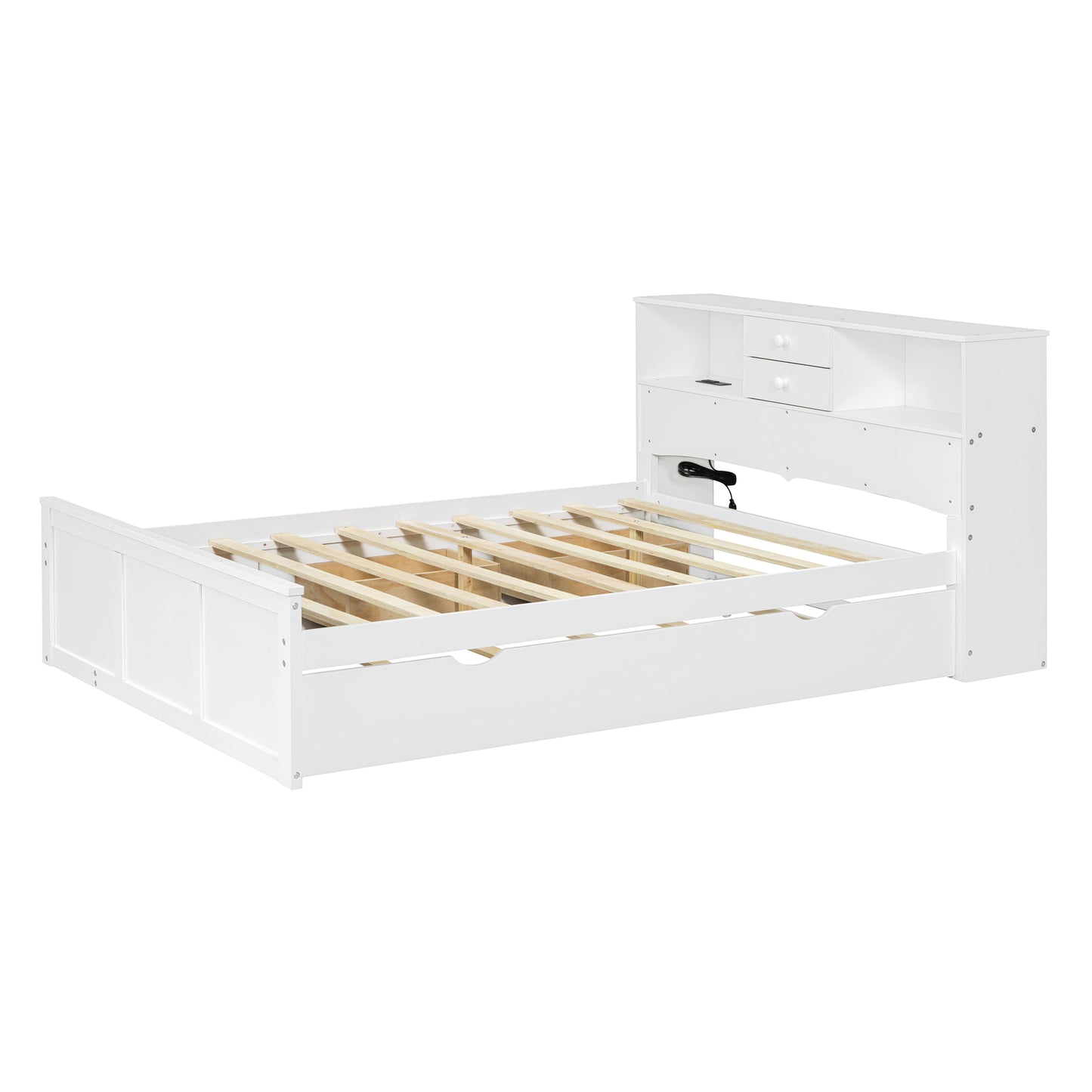 Full Size Wood Pltaform Bed with win Size Trundle, 3 Drawers, Upper Shelves and a set of USB Ports & Sockets, White