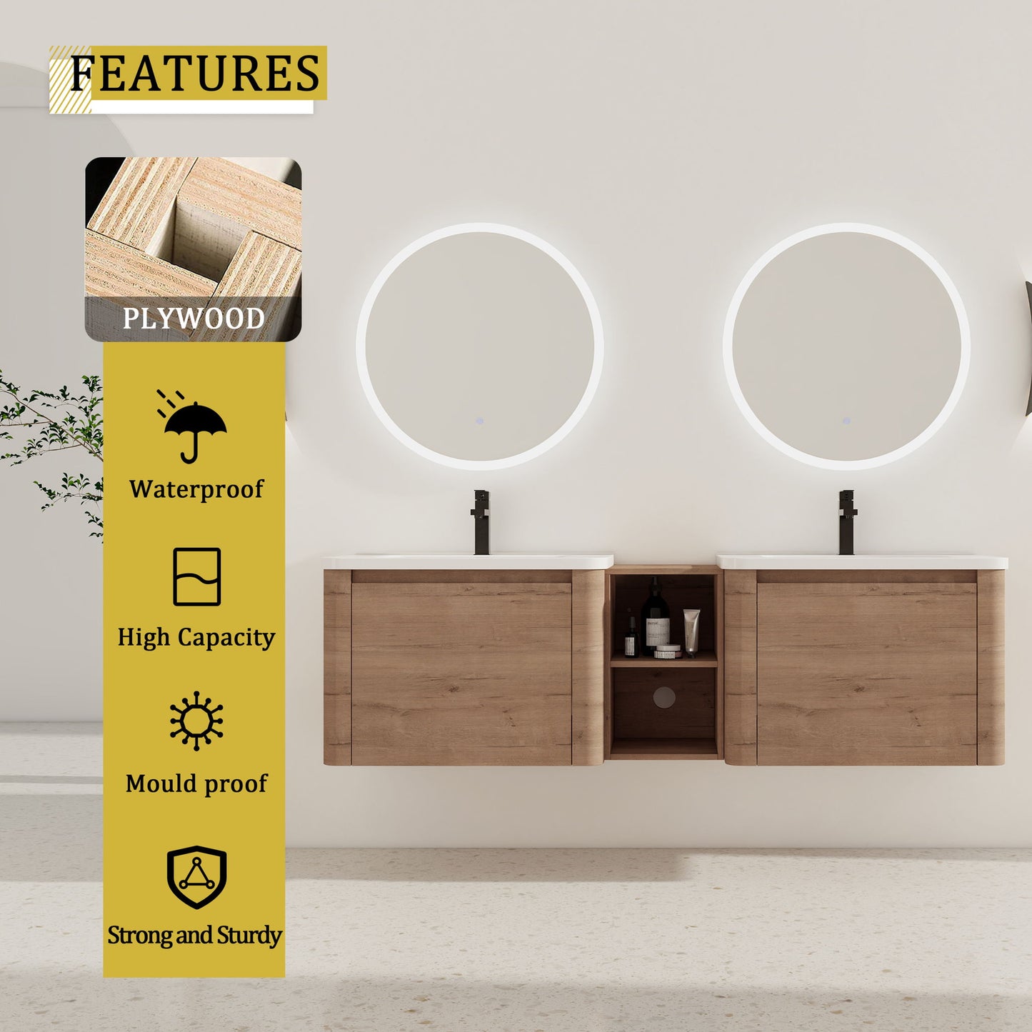 Wall Mounted Bathroom Vanity With Sink And Storage Shelves, Soft Close Doors