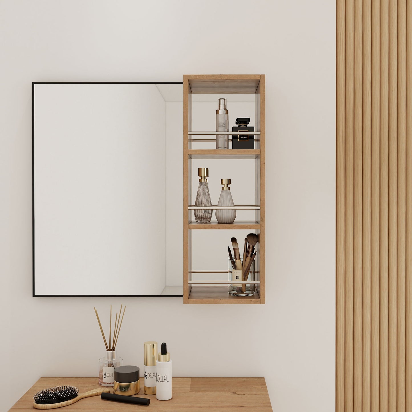 10" Wall Mounted Mirror Cabinet With Storage, Mirror - Imitative Oak