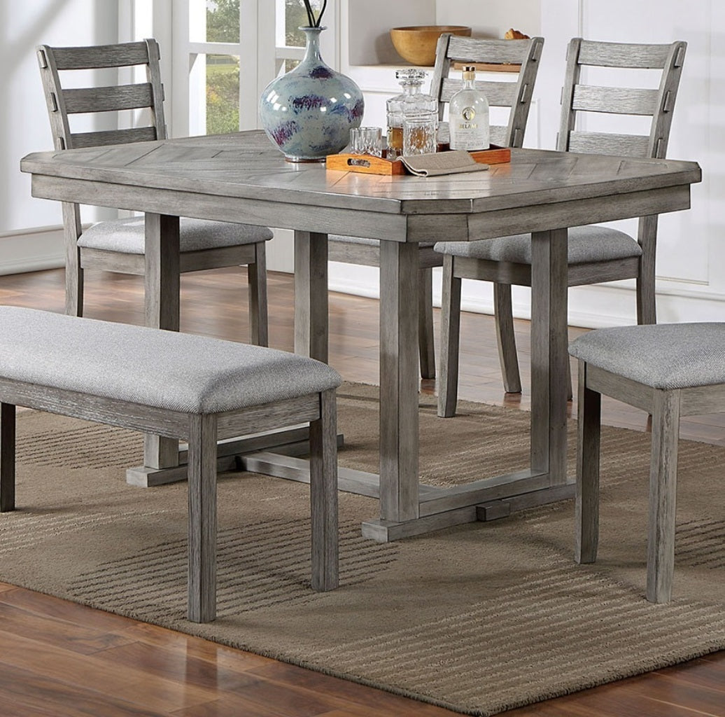 Dining Table 4x Side Chairs Bench 6pcs Dining Set Grey Finish Dining Room Furniture Fabric Seat Rustic Style