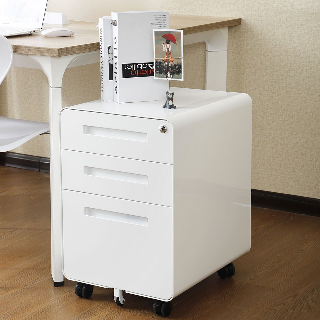 3 Drawer Mobile File Cabinet Under Desk Office, Simple Style Versatile Storage Cabinet For Legal / Letter / A4 Files, 5 Wheel Design Anti-Tilting Cold Rolled Steel Waterproof Moisture-Proof