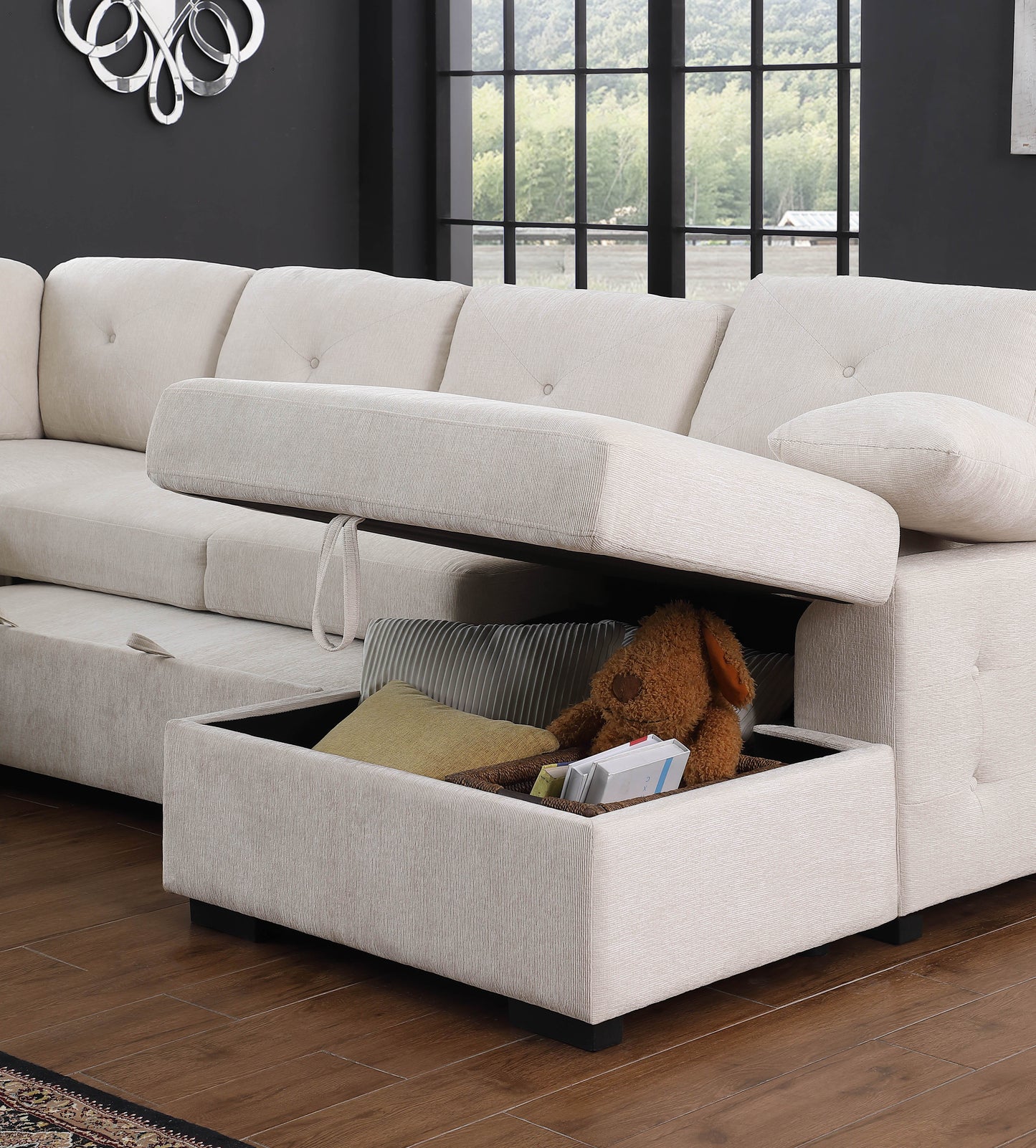 Nyhan - Upholstered Corner Sectional With Pull Out Loveseat And Storaged Chaise