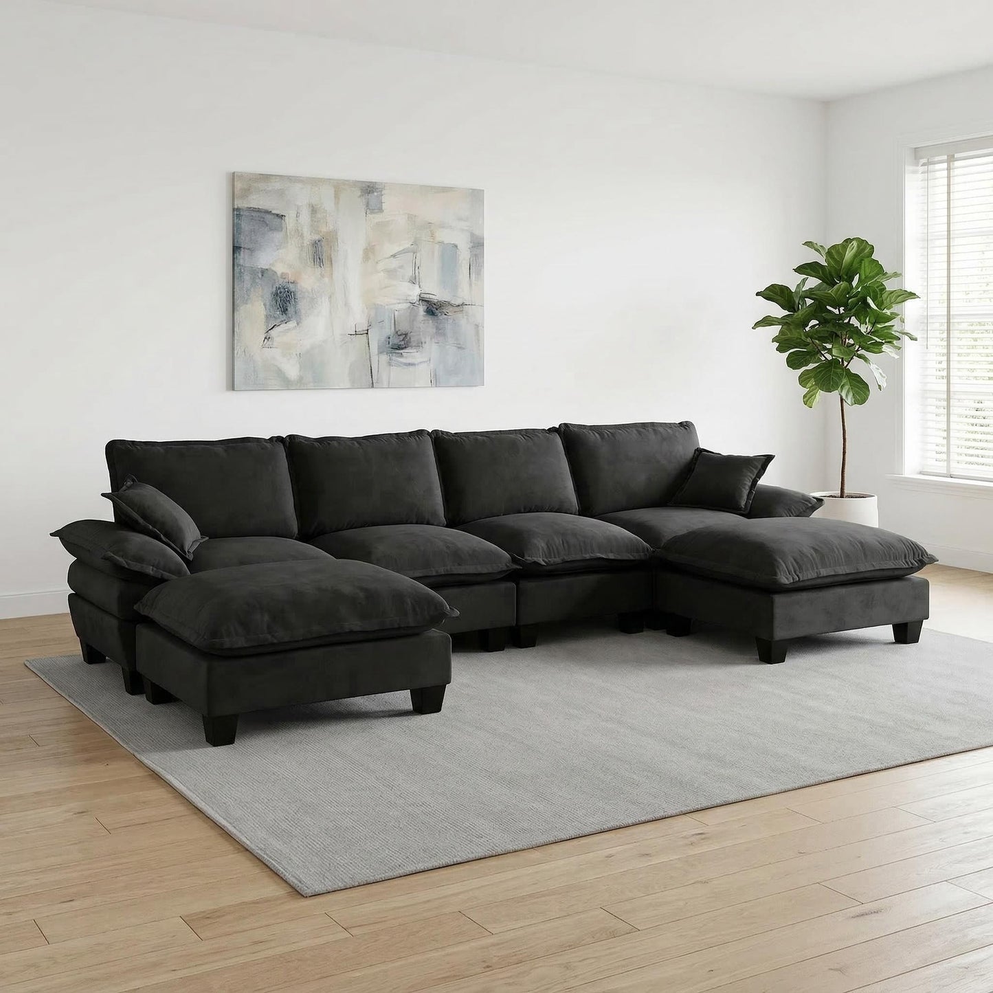 Modular Sectional Sofa With Movable Ottoman & Pillows