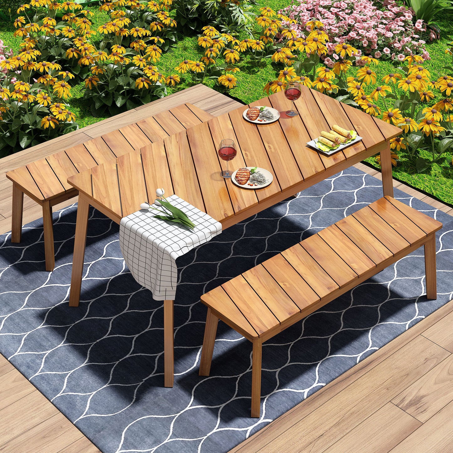 3 Pieces Acacia Wood Table Bench Dining Set For Outdoor & Indoor Furniture With 2 Benches, Picnic Beer Table For Patio, Porch, Garden, Poolside - Natural