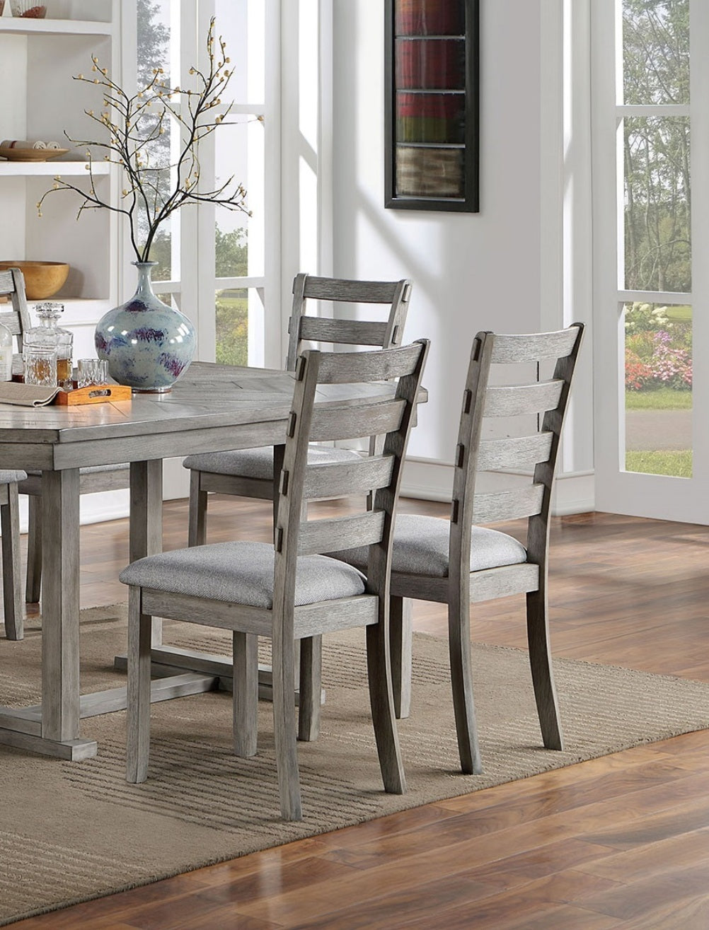 Dining Table 4x Side Chairs Bench 6pcs Dining Set Grey Finish Dining Room Furniture Fabric Seat Rustic Style