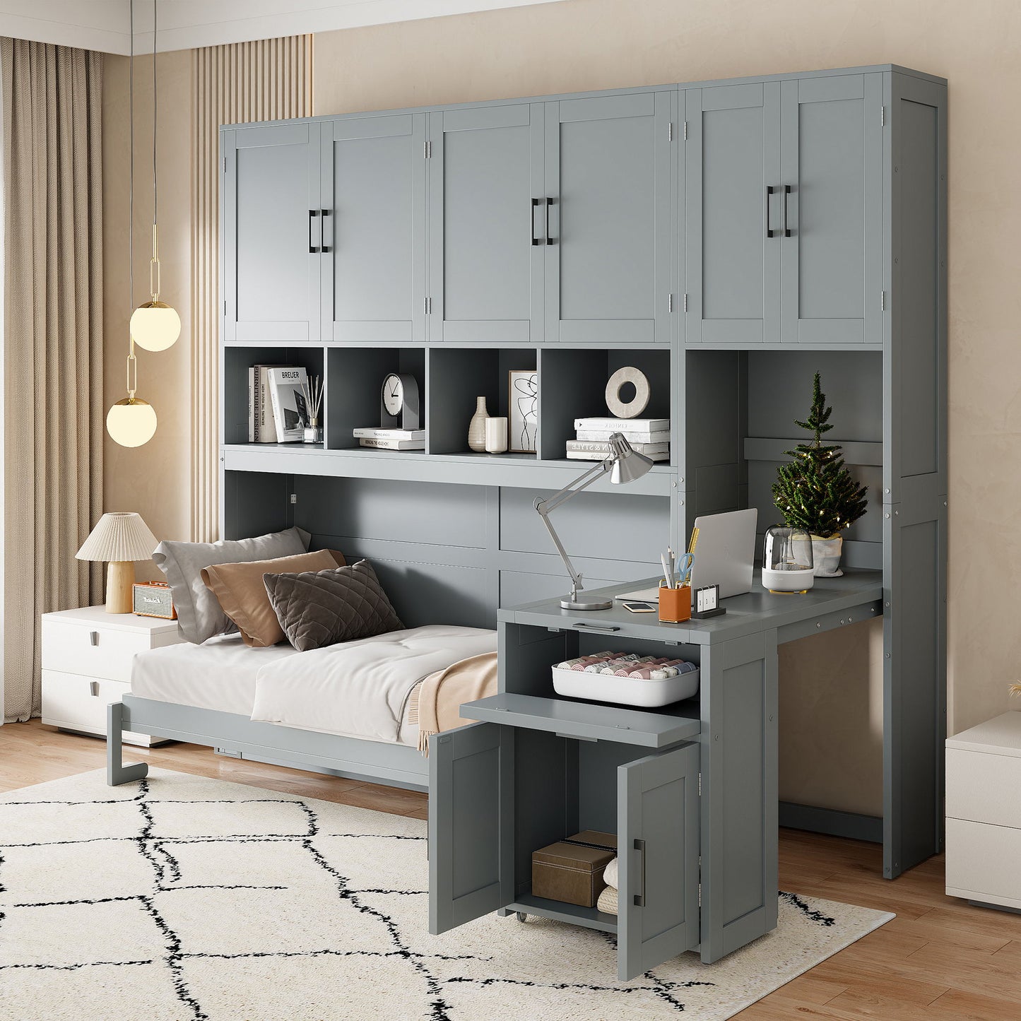 Twin Size Murphy Wall Bed With Closet, Drawers & Desk - Gray