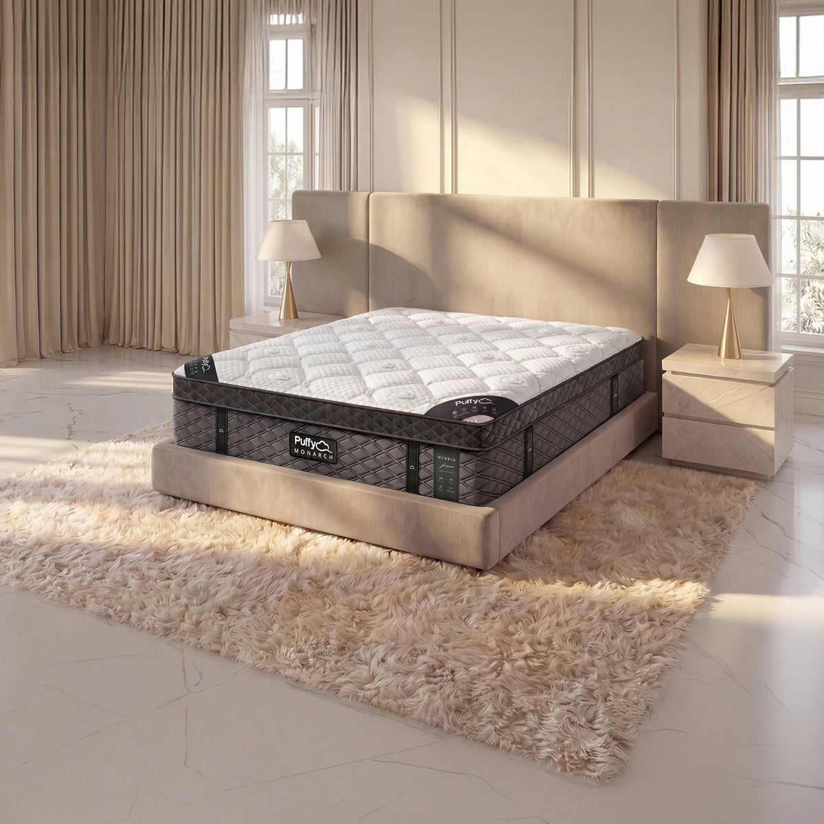 Puffy Monarch V3 hybrid mattress, three-quarter view in a sunlit bedroom