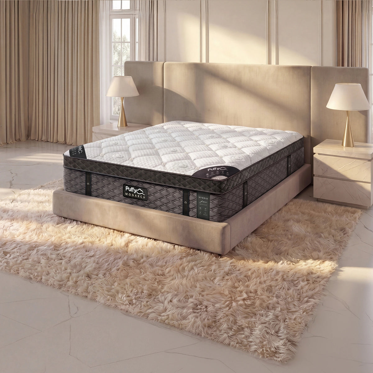Puffy Monarch V3 hybrid mattress, close three-quarter view on an upholstered bed