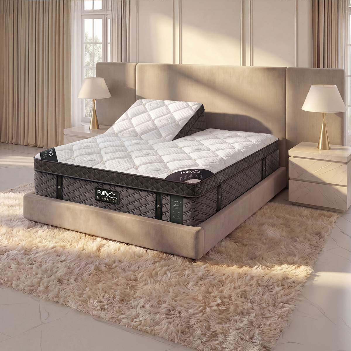 Puffy Monarch V3 split-head mattress with one side raised, close three-quarter view