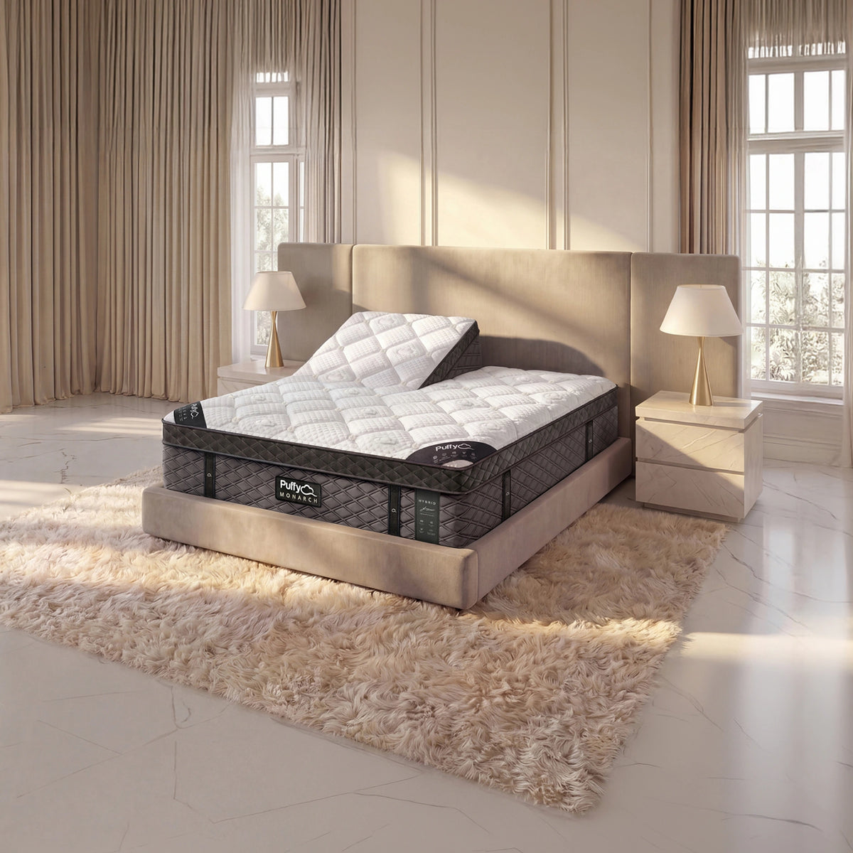 Puffy Monarch V3 split-head mattress in an elevated position, bedroom angle view