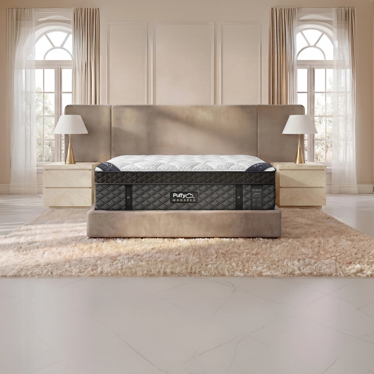 Puffy Monarch V3 hybrid mattress, full bedroom front view with an upholstered headboard