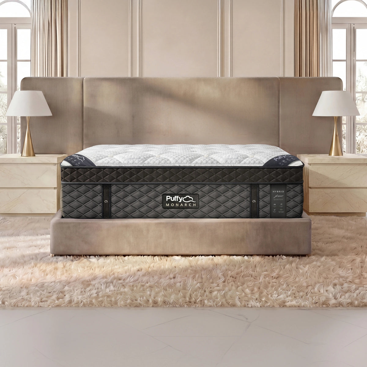 Puffy Monarch V3 hybrid mattress, close front view showing the quilted side panel and logo