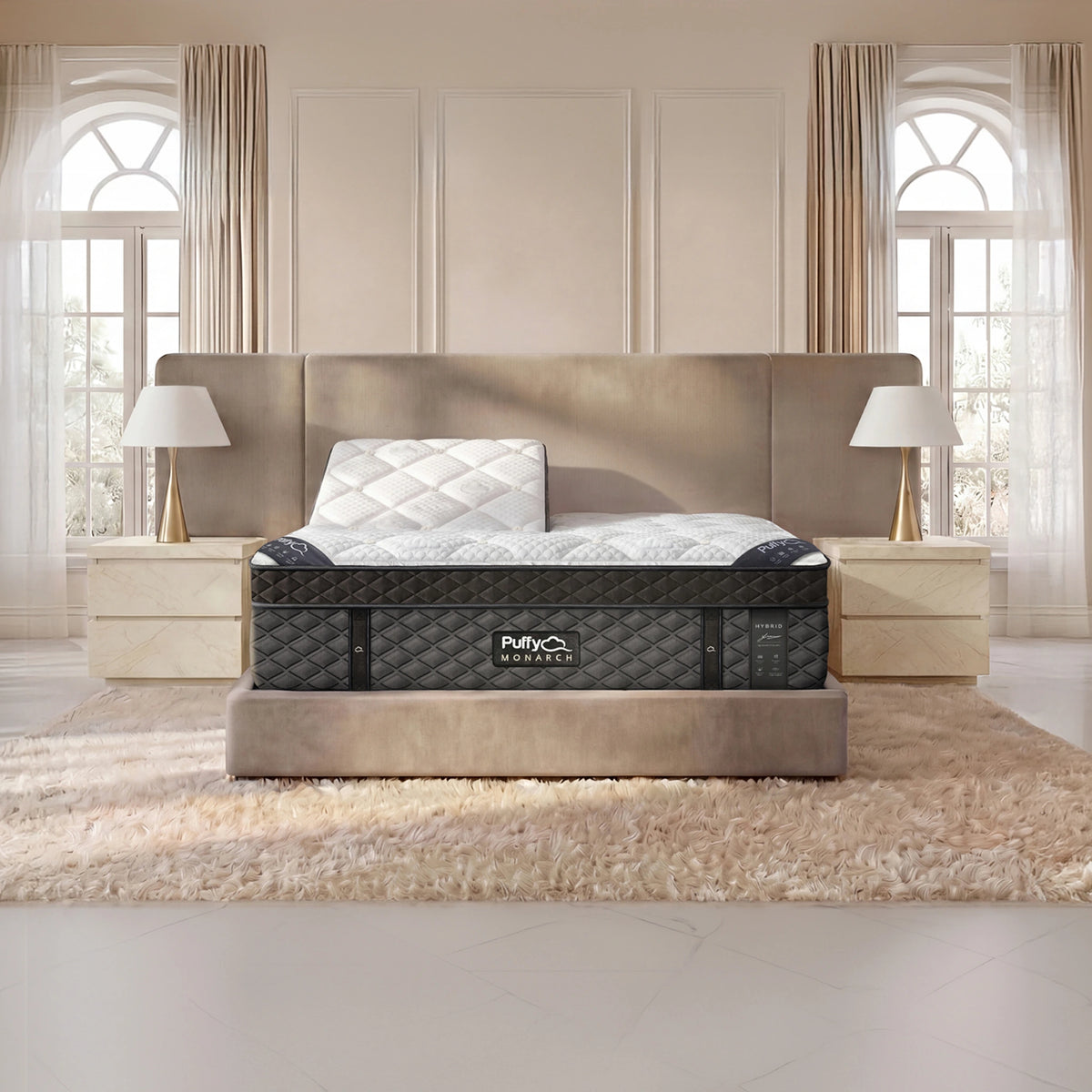 Puffy Monarch V3 split-head mattress with one side raised, full bedroom front view