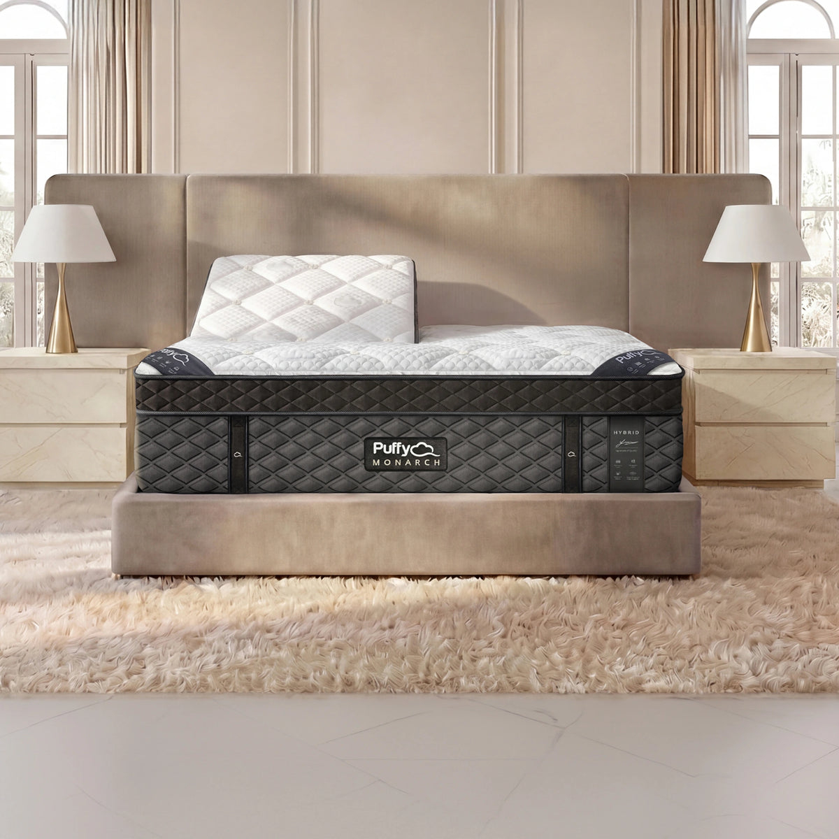 Puffy Monarch V3 split-head mattress with one side raised, close front view
