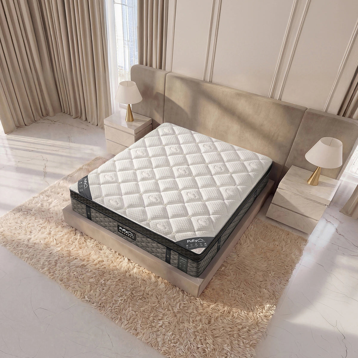 Puffy Monarch V3 hybrid mattress, overhead angle showing the quilted sleep surface