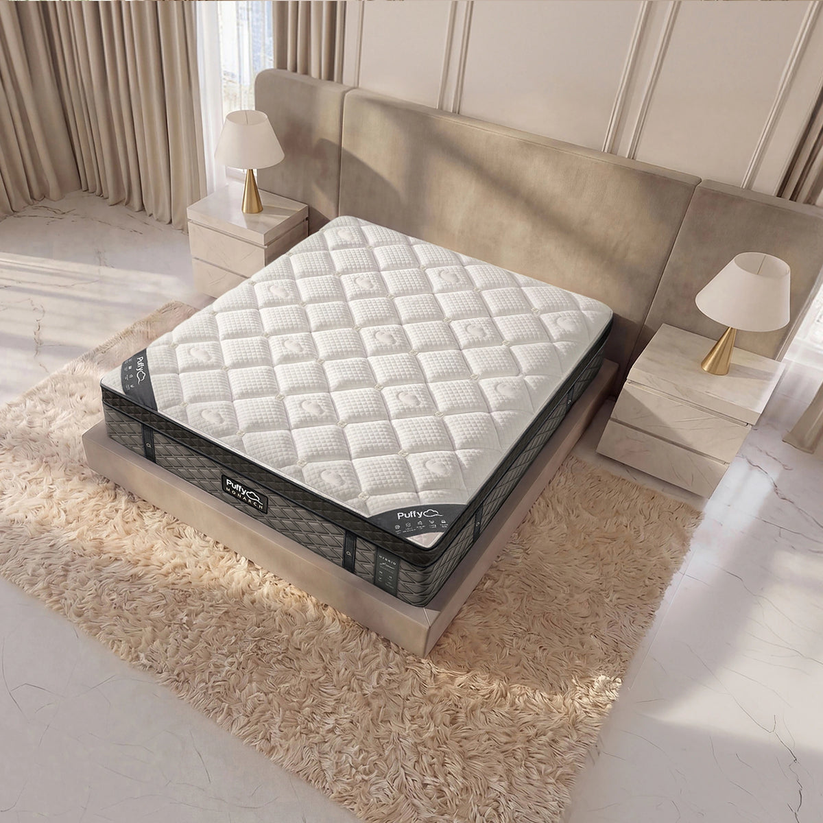 Puffy Monarch V3 hybrid mattress, alternate overhead view of the mattress and bed