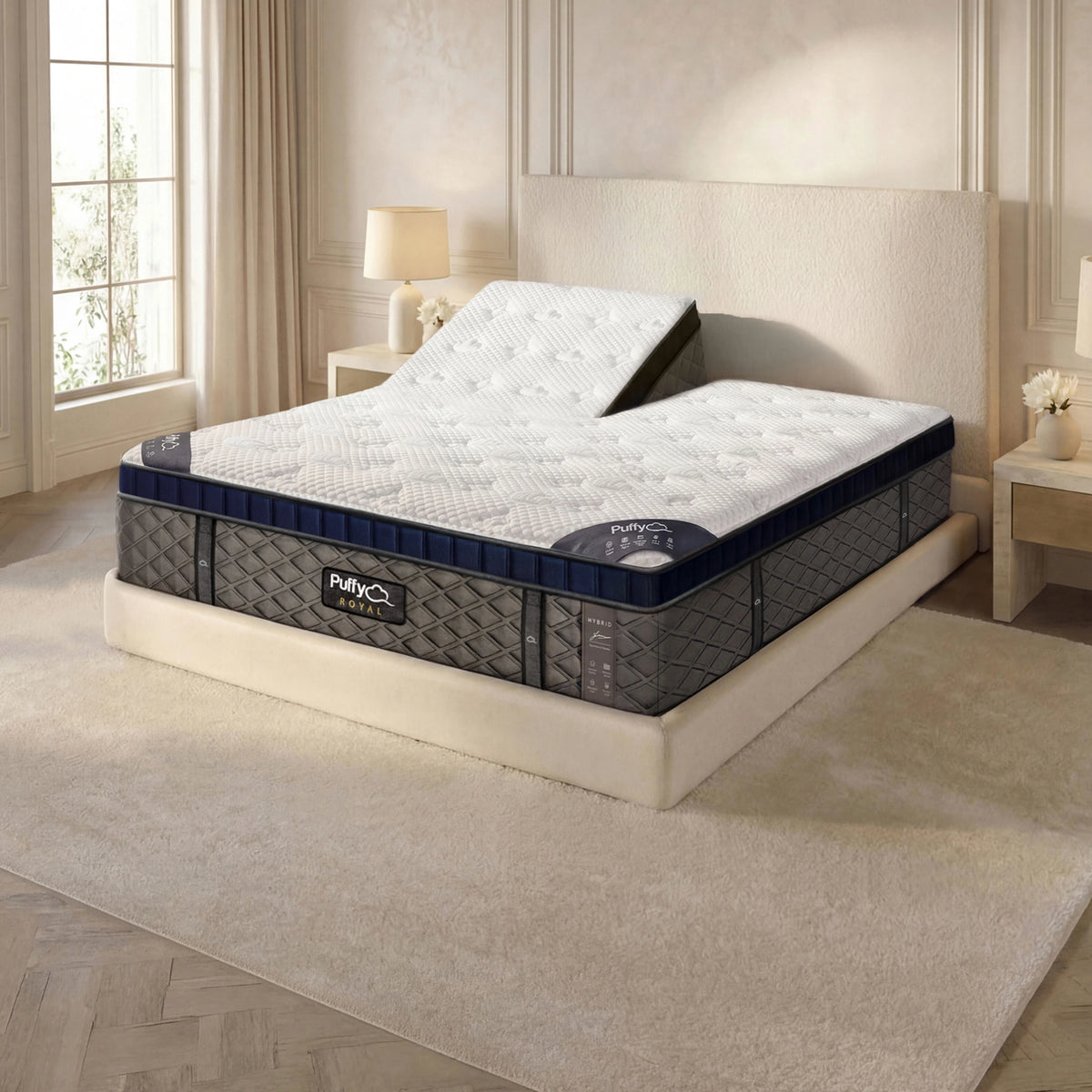Puffy Royal V3 split-head mattress with one side raised, close three-quarter view