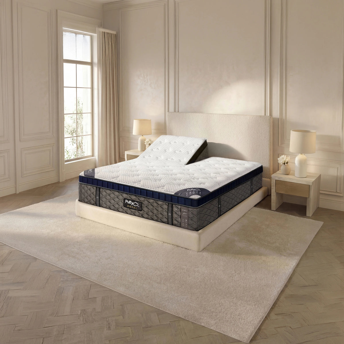 Puffy Royal V3 split-head mattress in an elevated position, bedroom angle view