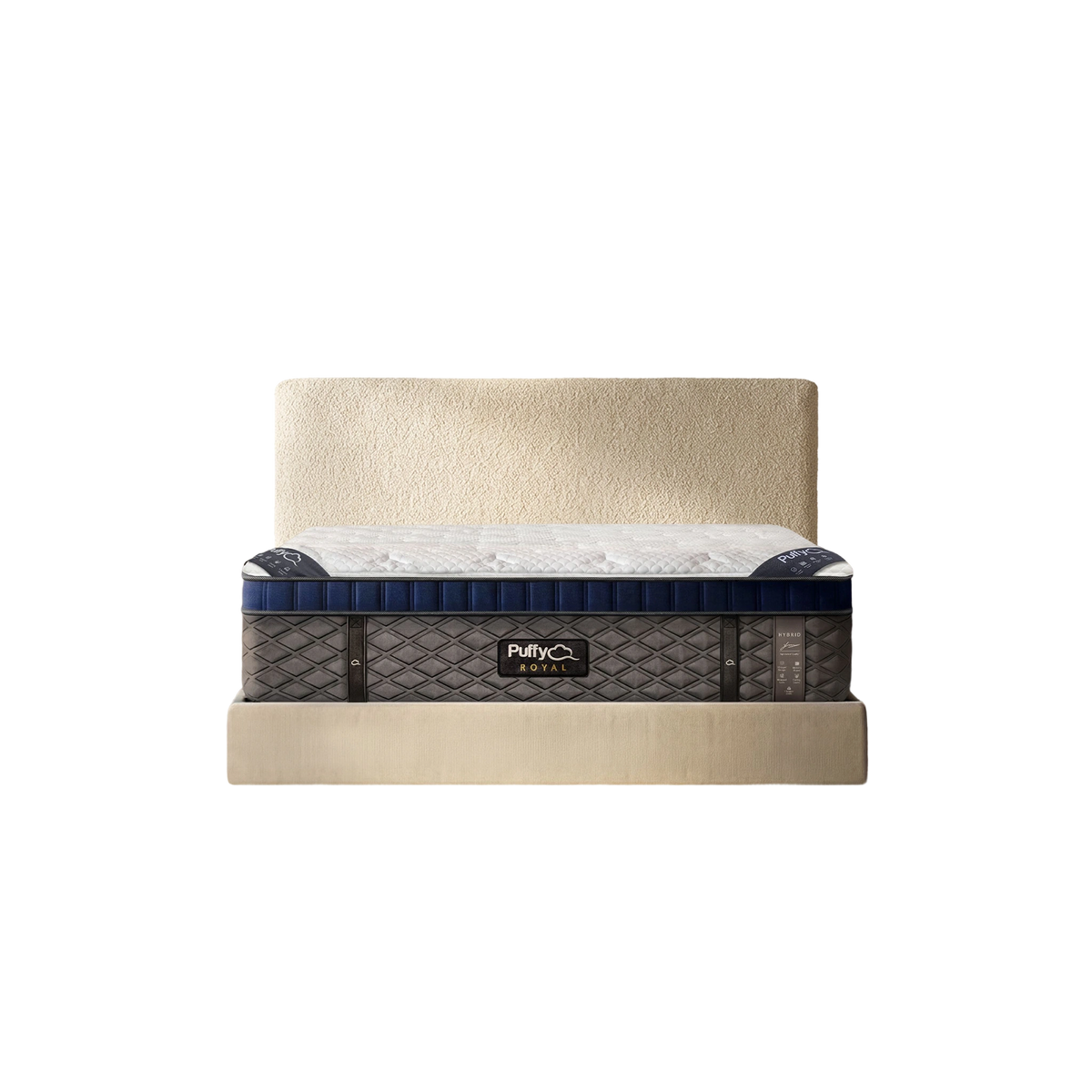 Puffy Royal V3 hybrid mattress and upholstered bed, isolated front view