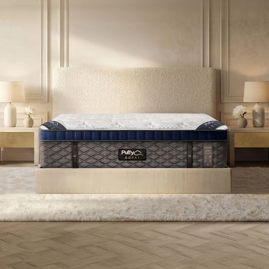 Puffy Royal V3 hybrid mattress, close front view showing the quilted side panel and logo