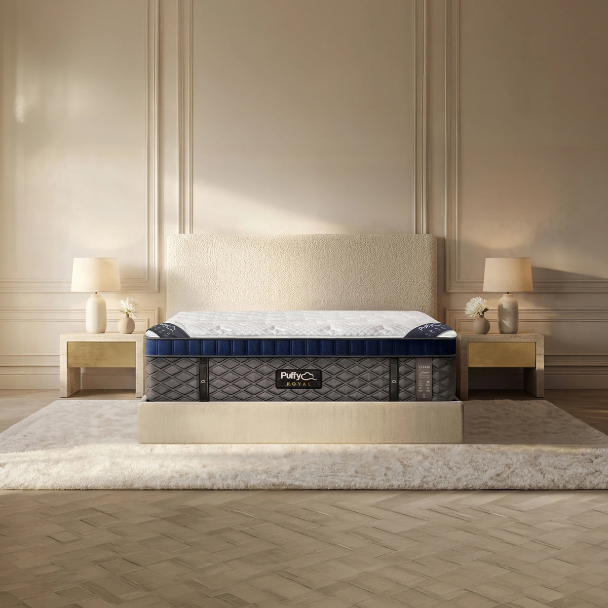 Puffy Royal V3 hybrid mattress, full bedroom front view with an upholstered headboard