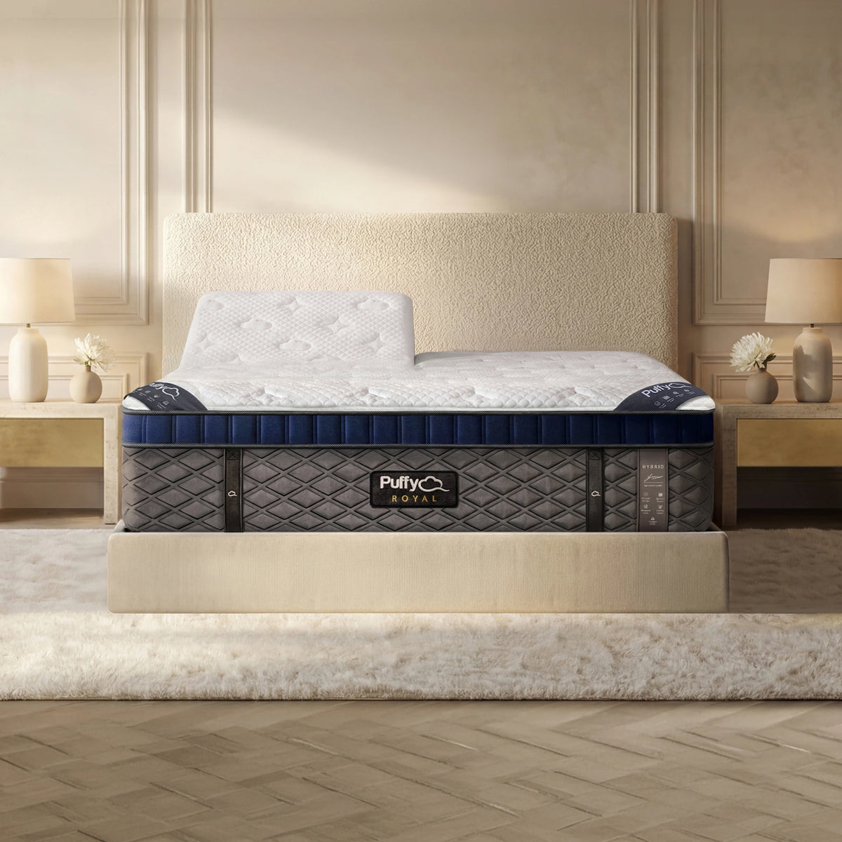 Puffy Royal V3 split-head mattress with one side raised, close front view
