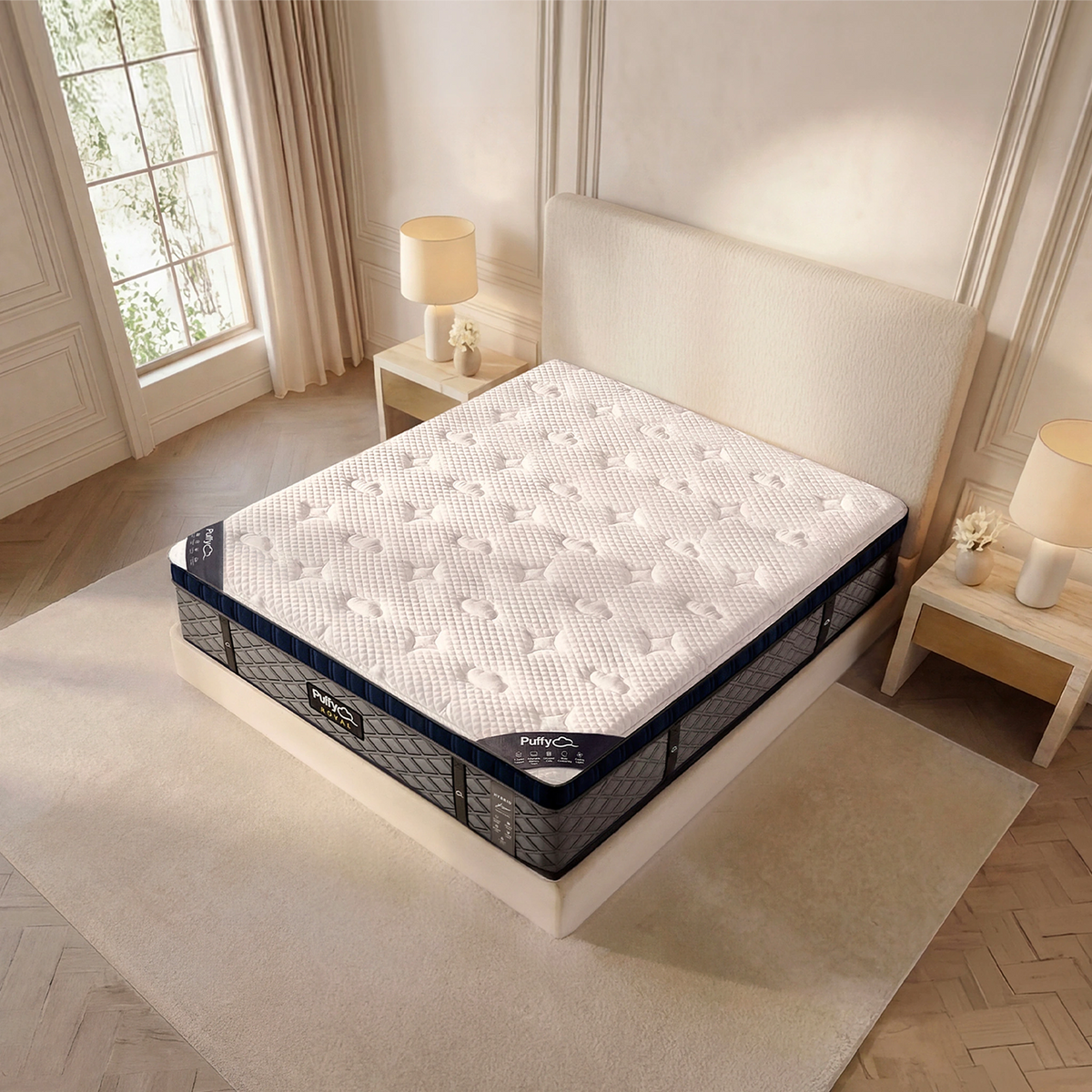 Puffy Royal V3 hybrid mattress, overhead angle showing the quilted sleep surface