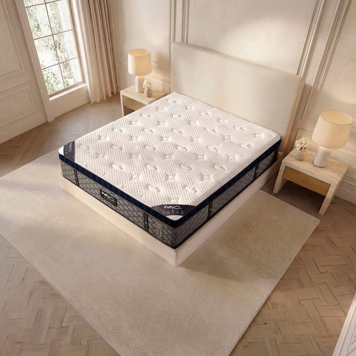 Puffy Royal V3 hybrid mattress, alternate overhead view of the mattress and bed